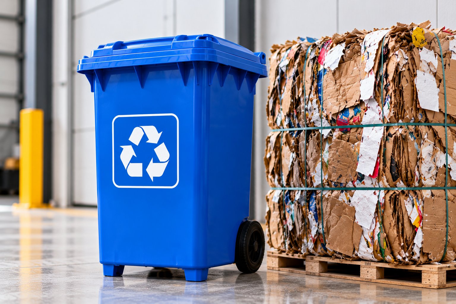 Recycling bin next to baled cardboard